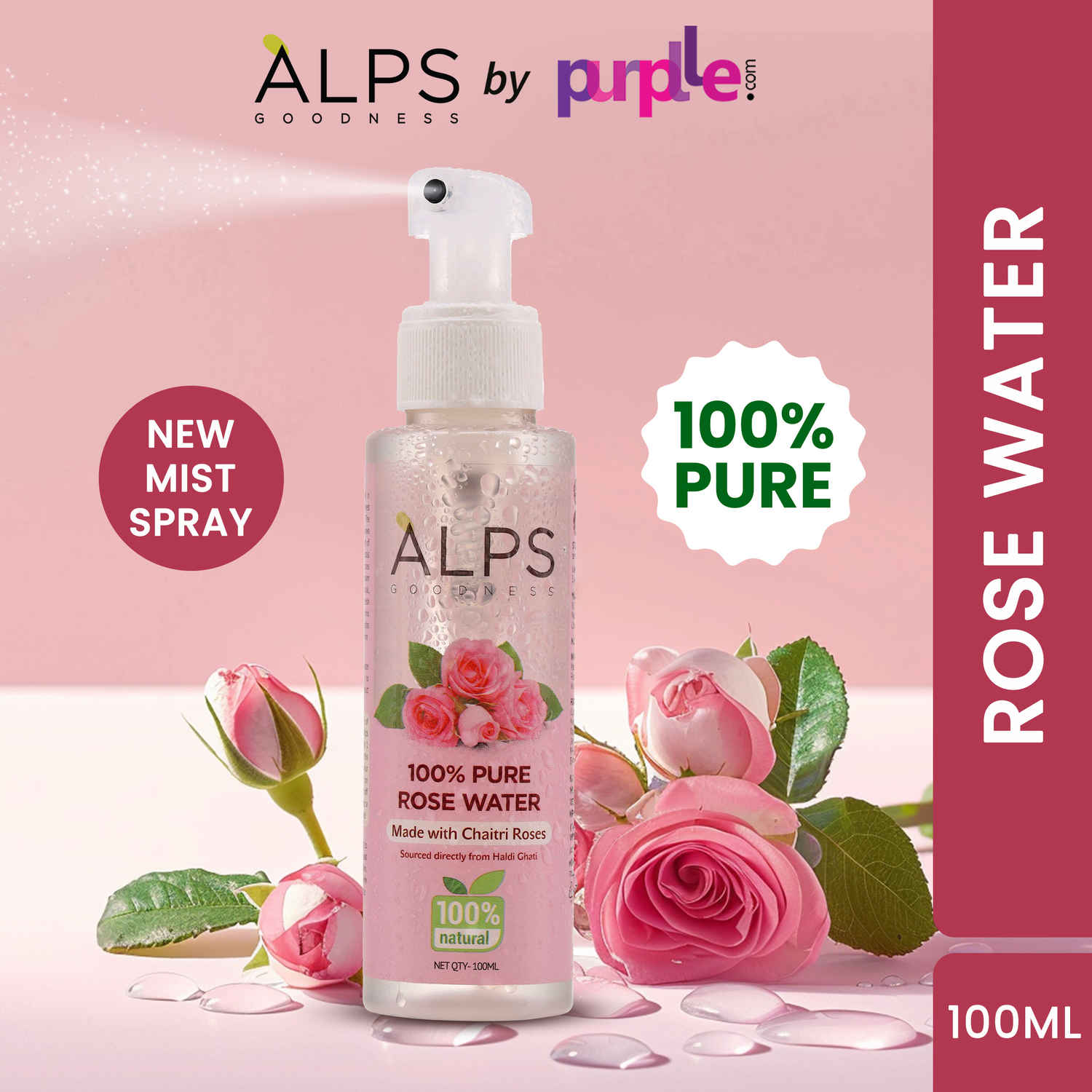 Buy Alps Goodness 100 % Pure Rose Water Spray (100 ml) | Long Press Mist Spray | Rose water for face | Made from Chaitri Rose | Gulab Jal | Natural skin toner | Premium Rose Water - Purplle