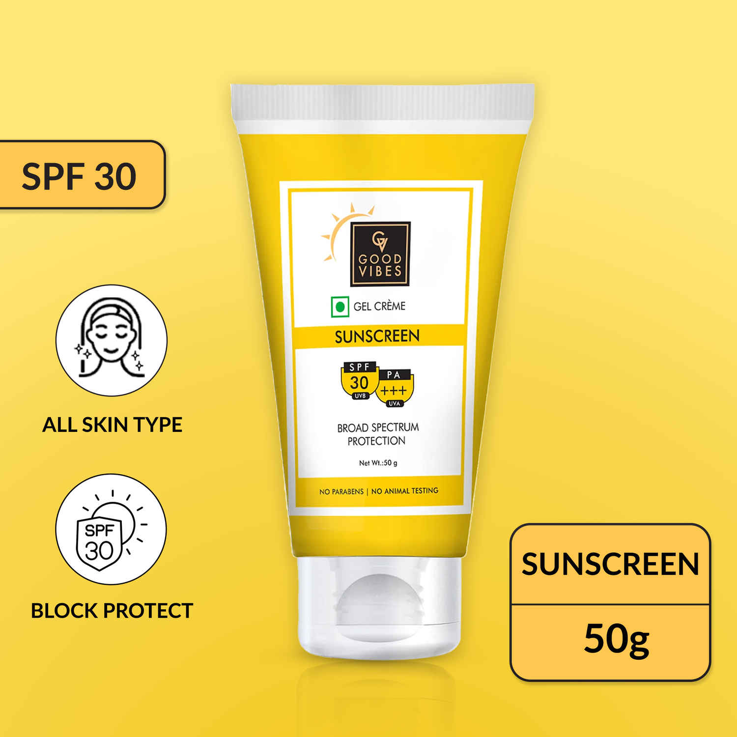 Buy Good Vibes UVA & UVB Protection SPF 30 PA+++ Broad Spectrum Gel Creme | Water Resistant Anti-Ageing | No Parabens No Animal Testing (50 gm) - Purplle