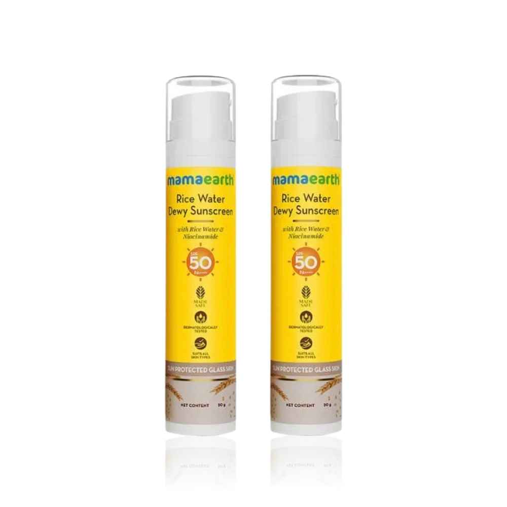 Buy Mamaearth Rice Water Dewy Sunscreen with Rice Water & Niacinamide| Gives SPF50 & PA++++ Protection | For Glass Skin Glow | Evens Skin Tone | UVA & UVB Protection | No White Cast | All Skin Types - 50 gm - Pack of 2 - Purplle