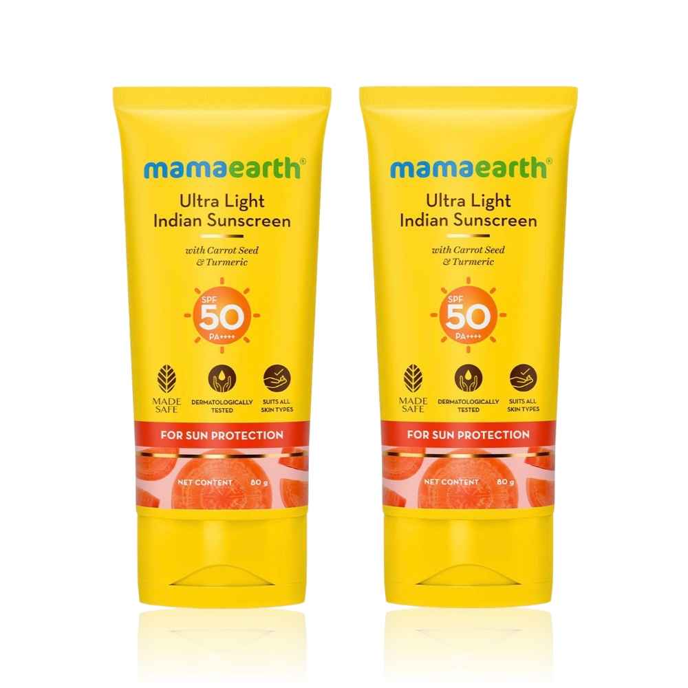 Buy Mamaearth Ultra Light Indian Sunscreen with Carrot Seed Turmeric and SPF 50 PA+++ for Sun Protection - 80 g - Pack of 2 - Purplle