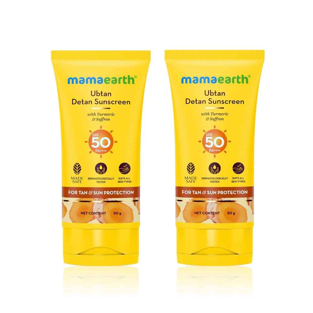 Buy Mamaearth Ubtan Detan Sunscreen With Turmeric & Saffron - 50 gm | SPF 50 & PA++++ For UVA/B Protection | Removes Tan | Brightens Skin | Non-Greasy & Lightweight | No White Cast | For All Skin Types - Pack of 2 - Purplle