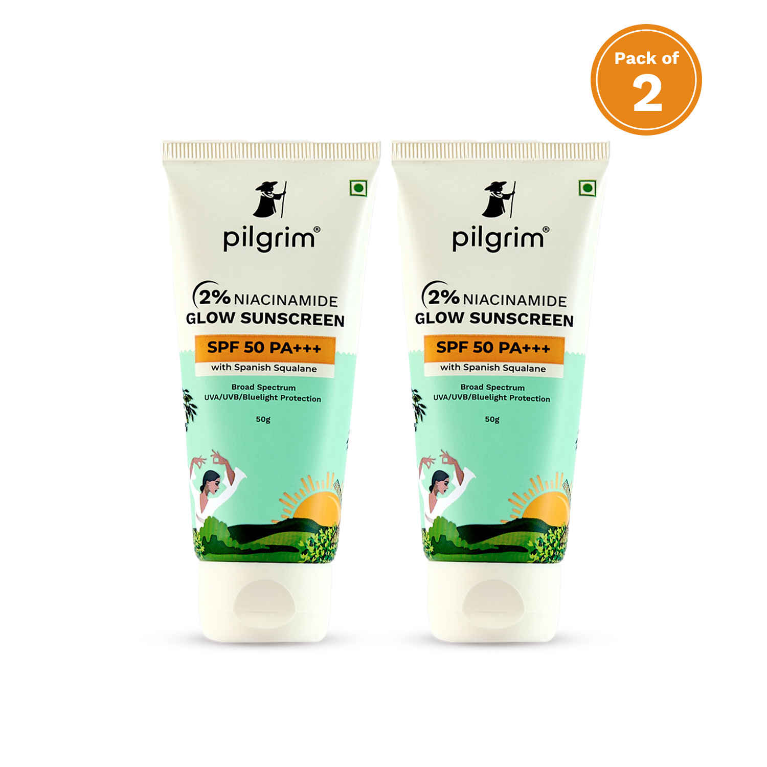 Buy Pilgrim 2% Niacinamide Glow Sunscreen SPF 50 PA+++ – Pack of 2 (50 gm each) | Broad Spectrum UVA/UVB Protection | Brightens, Hydrates & Protects | 100 gm| Lightweight & Non-Greasy | For All Skin Types - Purplle