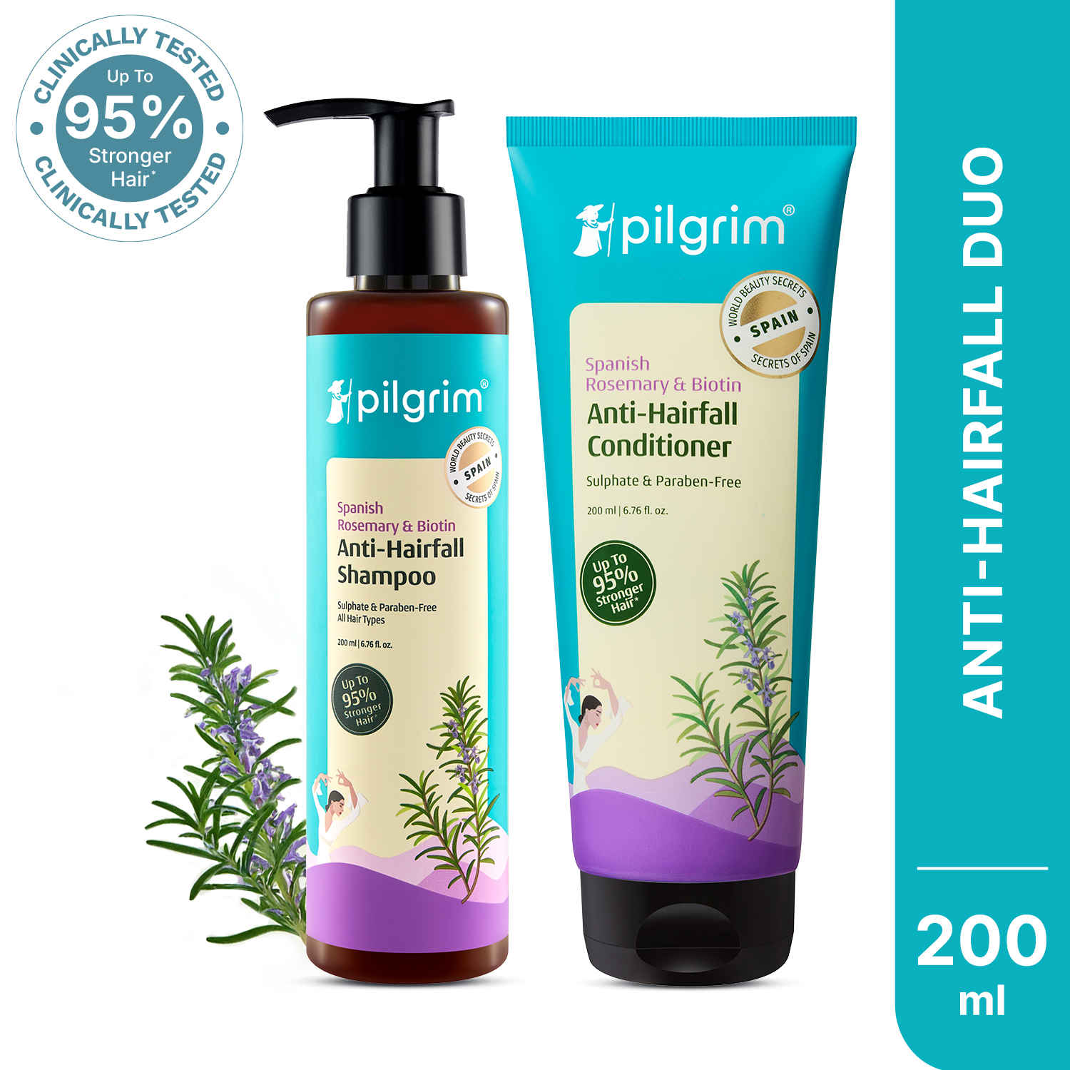 Buy Pilgrim Spanish Rosemary & Biotin Anti-Hairfall Shampoo & Conditioner Combo of 2 – Hair Strengthening & Fall Control – Pack of 2 (200ml Each) Haircare Kit - Purplle