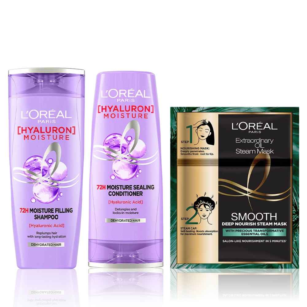 Buy L'oreal Paris Spa Retreat Hyaluron Combo ( 72H Moisture Filling Shampoo (180 ml) + 72H Moisture Sealing Conditioner (180 ml) + Extraordinary Oil Smooth Steam Mask (Paraben Free)) - Purplle