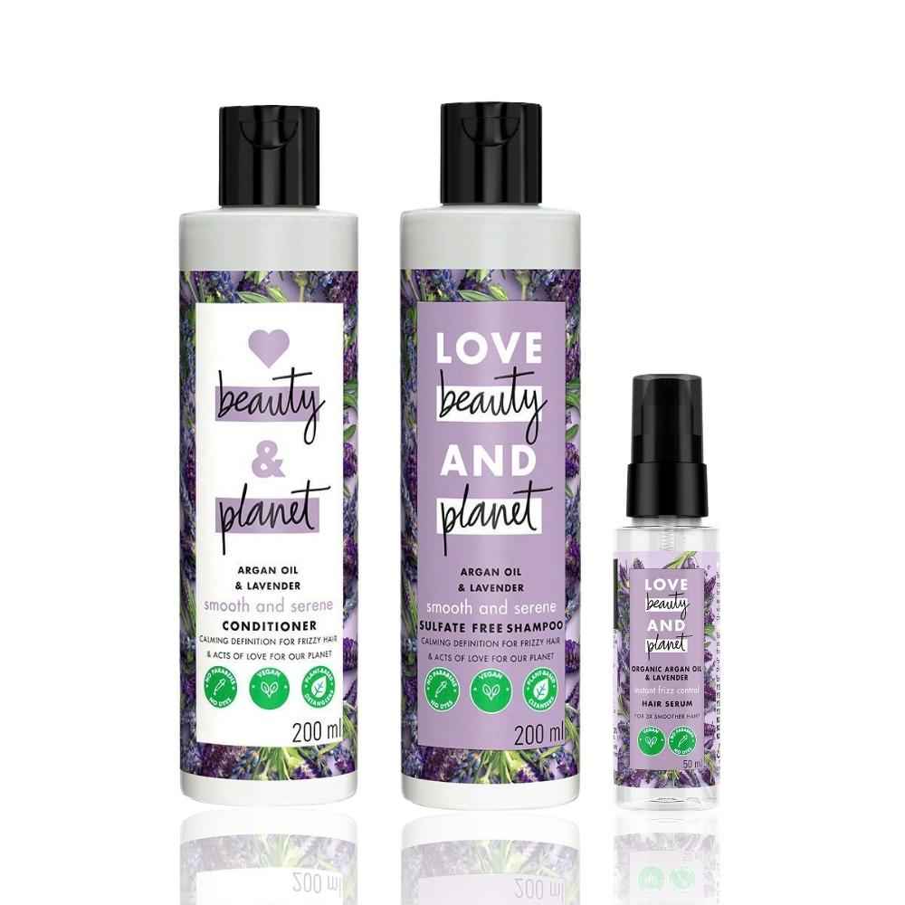 Buy Love Beauty Planet Argan Oil and Lavender Sulfate Free Smooth and Serene Shampoo (200 ml) + Conditioner (200 ml) + Hair Serum (50 ml) - Purplle