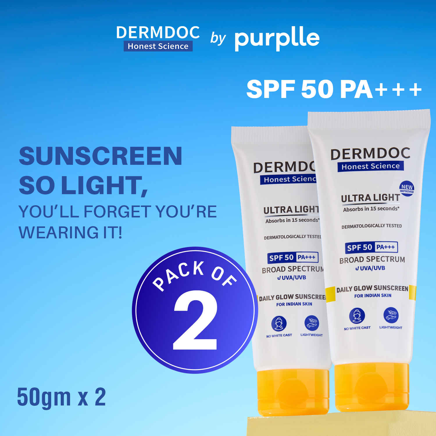 Buy DERMDOC Ultra Light SPF 50 PA+++ Daily Glow Sunscreen Twin Pack (Pack of 2) (50 gm) | Sunblock - Purplle