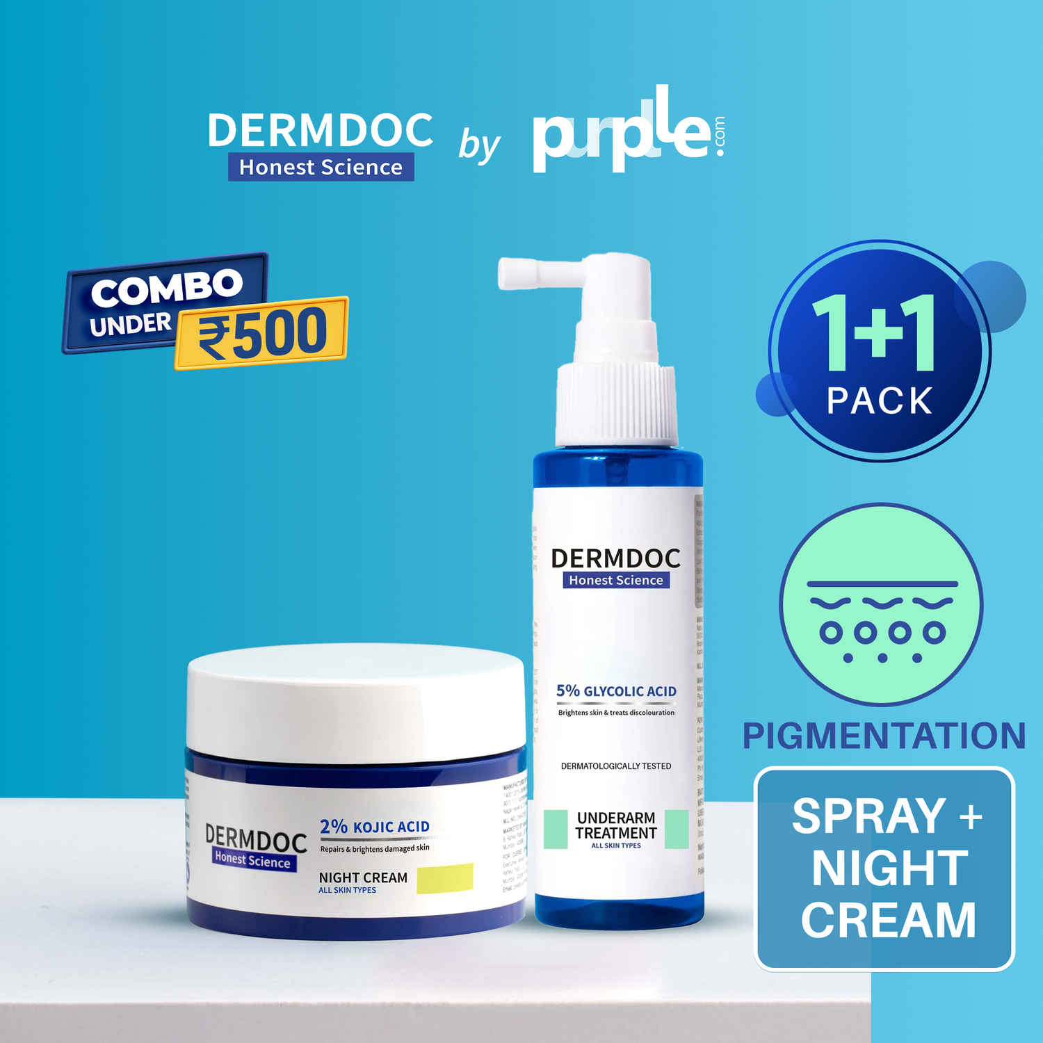 Buy DERMDOC Brighten Up Combo Kit (Combo of 2) | 2% Kojic Acid Glow Fusion Formula Night Cream (50 gm) | 5% Glycolic Acid Underarm Brightening Spray Treatment (100 ml) - Purplle