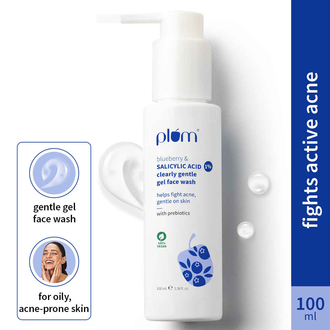 Buy Plum 1% Salicylic Acid Clearly Gentle Gel Face Wash with Blueberry | Helps fight active acne | Gentle & non-drying | For oily, acne-prone skin | Beginner-friendly | All genders | 100% Vegan | 100 ml - Purplle