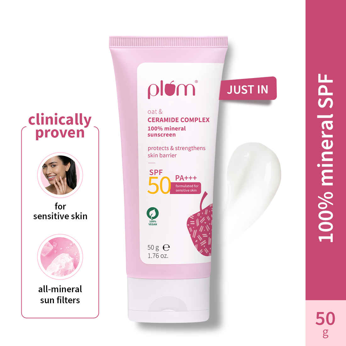 Buy Plum Oat & Ceramide Complex 100% Mineral Sunscreen | SPF 50 PA+++ | No White Cast | For Sensitive Skin | Strengthens Skin Barrier | Sun Protection From UVA/B Rays | Lightweight, Non-Oily | Men & Women | 50 gm - Purplle