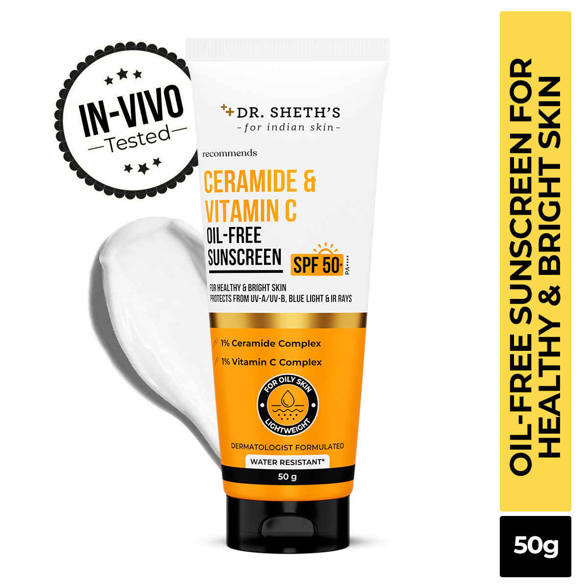 Buy Dr. Sheth's Ceramide & Vitamin C Oil-Free Sunscreen SPF 50+ PA++++ |In-Vivo Tested | For Healthy & Bright Skin | Lightweight & Non Greasy | For UVA/UVB & Blue Light & IR Protection | No white cast | For Oily Skin | For Men & Women | 50 gm - Purplle