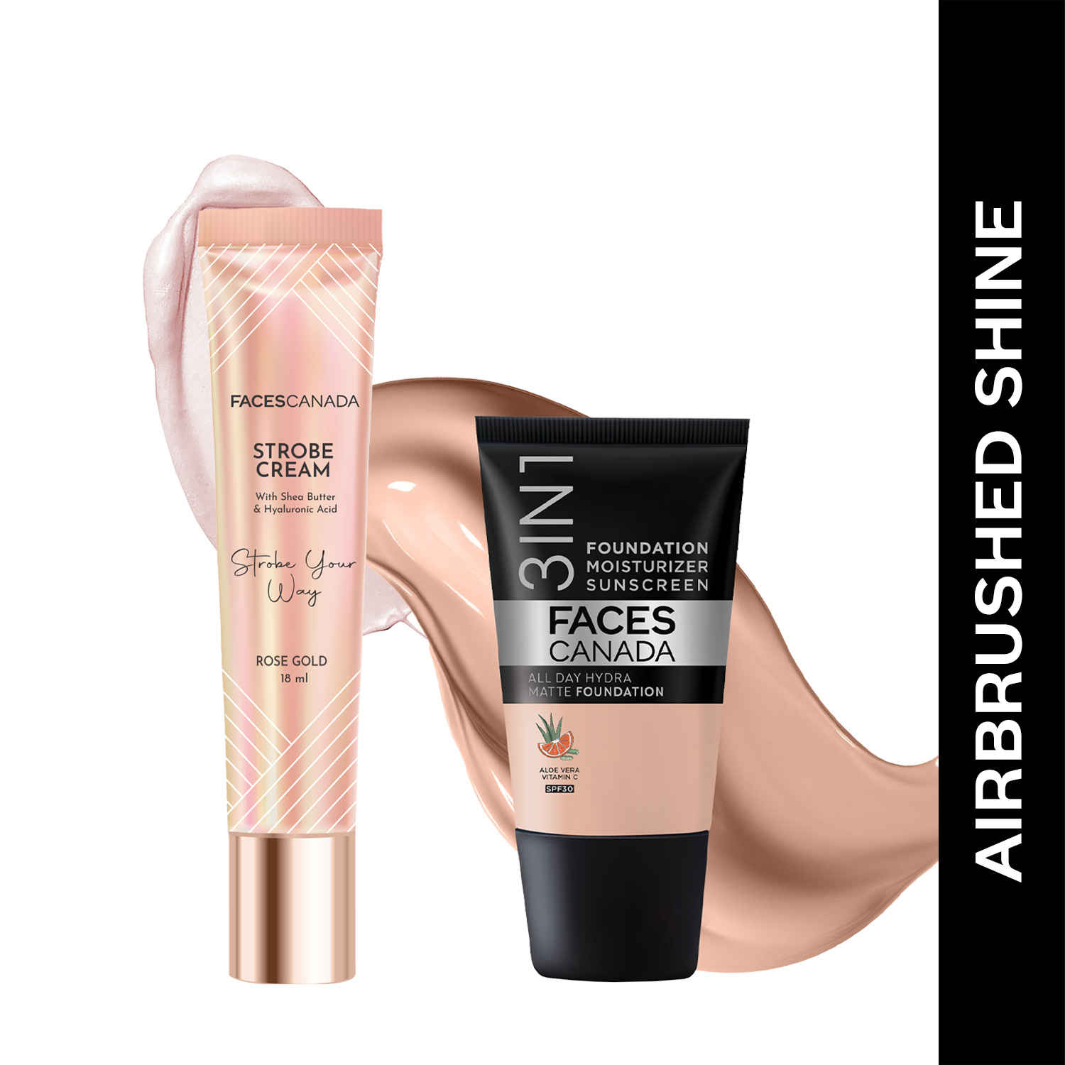Buy FACES CANADA Airbrushed Shine Combo - All Day Hydra Matte Foundation - Rose Ivory 011 (18 ml) + Strobe Cream - Rose Gold (18 ml) | Illuminating & Glowing Makeup Base | 10HR Long Wear - Purplle