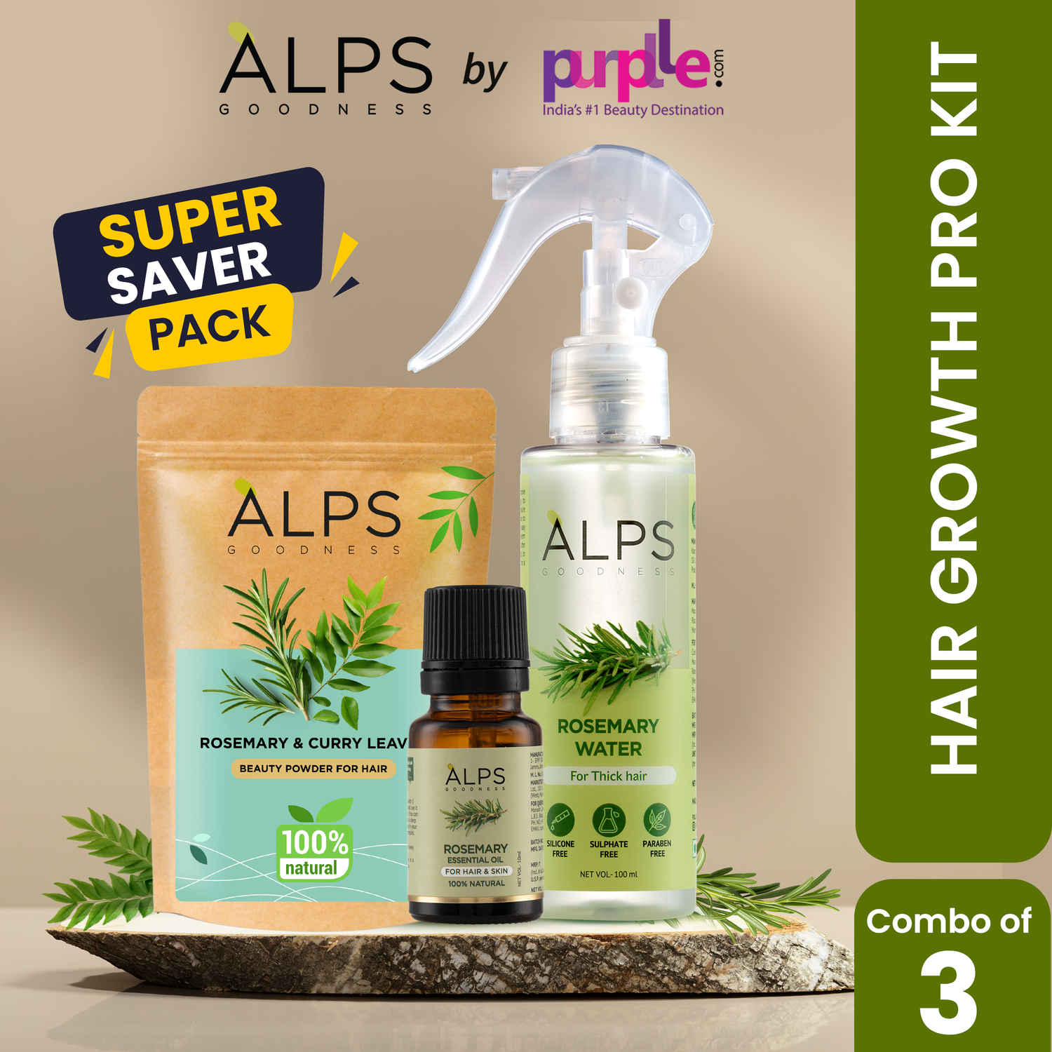 Buy Alps Goodness Rosemary Hair Growth Pro Kit (Pack of 3) | Rosemary & Curry Leaf Powder (50 gm), Rosemary Water (100 ml) & Rosemary Essential Oil (10 ml) | Thick-Long Hair | Face & Hair Mask - Purplle