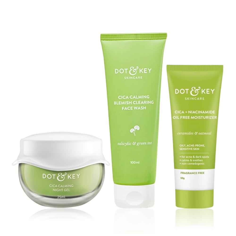 Buy Dot & Key Cica Anti Acne AM PM Routine : Face Wash (100 ml) + Moisturizer (50 gm) + Night Gel (25 ml) Combo of 3 - Purplle