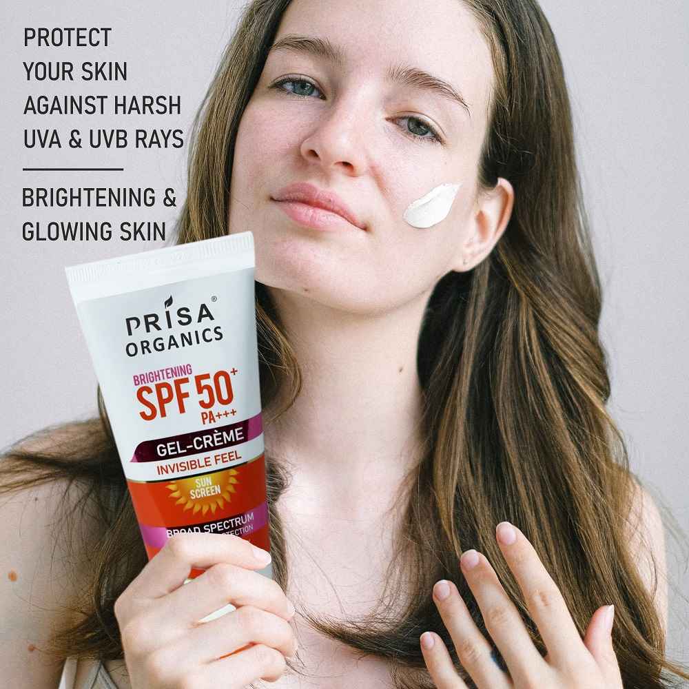 Buy Prisa Organics Brightening SPF 50 PA+++ Gel Cream Invisible Feel Sun Screen Broad Spectrum UVA & UVB Protection No Paraben , Non-sticky 100 gm - Purplle