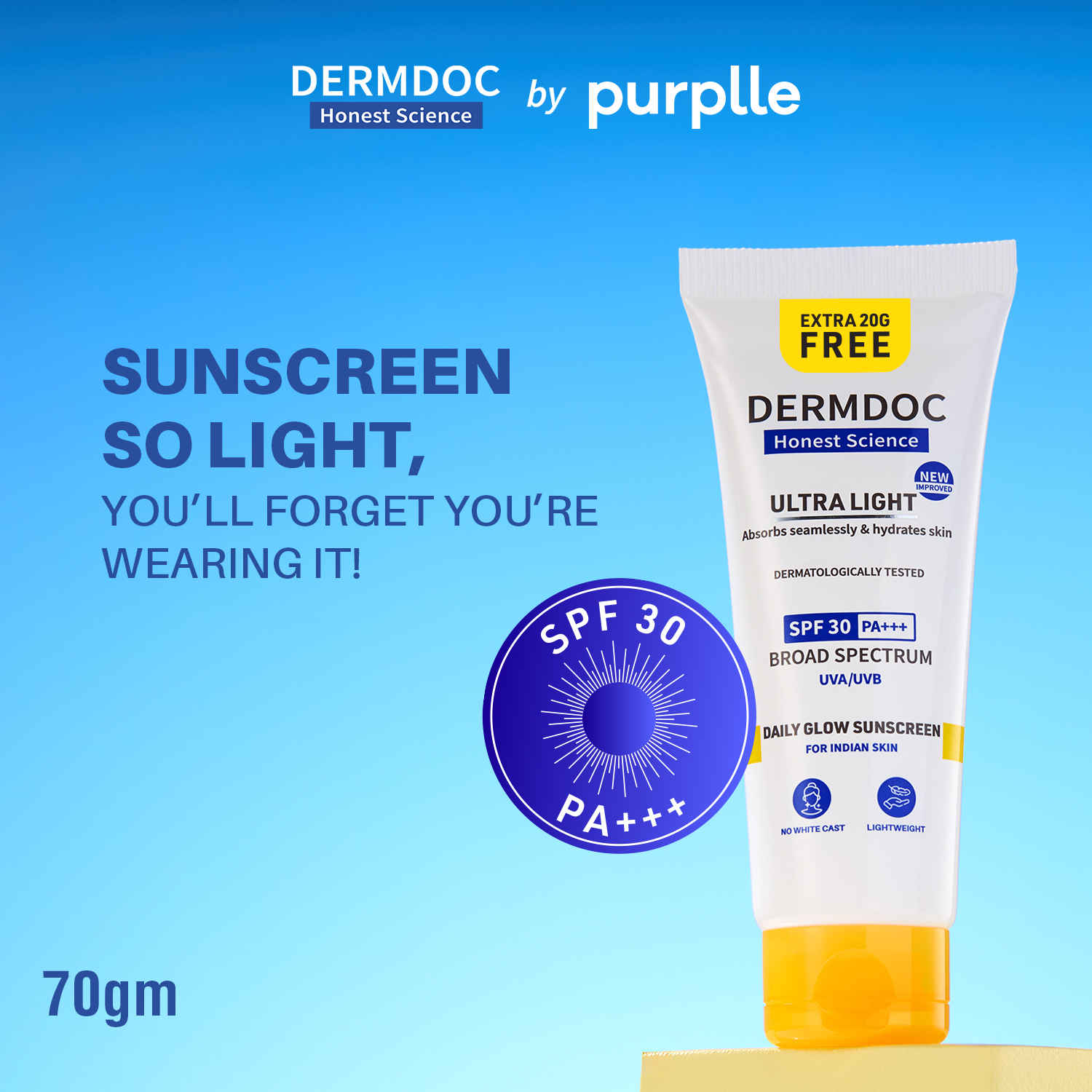Buy DERMDOC SPF 30 Ultra Light SPF Daily Glow Sunscreen (70 gm) | 50 gm + Extra 20g Free | Face Sunscreen | Lightweight | Non-Greasy | 0 White Cast | Oily Skin Friendly | Sunblock | PA+++ | Non-Comedogenic - Purplle