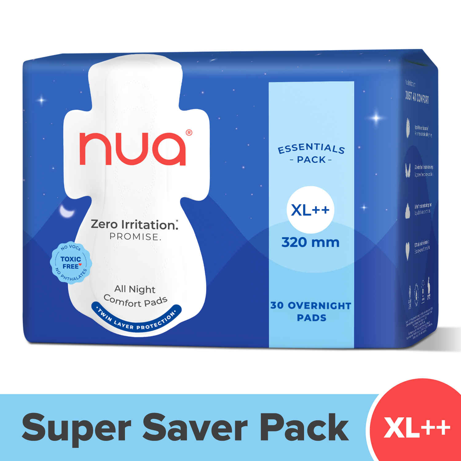 Buy Nua All Night Comfort Sanitary Pads | Pack of 30 (XL++ 320mm) | Twin Layer Protection | 50% Wider Back and Anti Stain Wings | Upto 10 hours of Absorption | Super Soft and Breathable | No Rashes | 100% Toxic-Free - Purplle