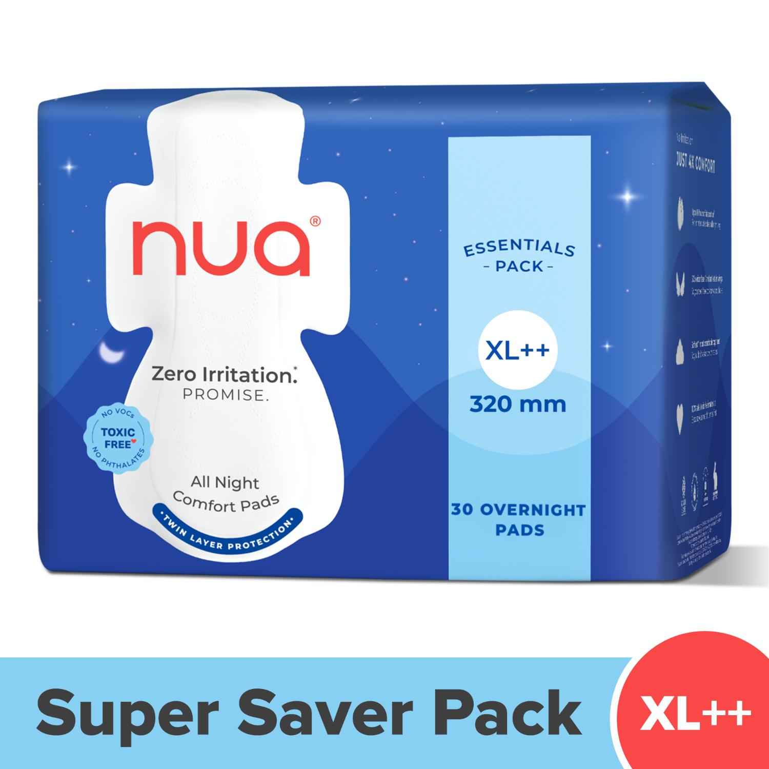 Buy Nua All Night Comfort Sanitary Pads | Pack of 30 (XL++ 320 mm) | Twin Layer Protection | 50% Wider Back and Anti Stain Wings | Upto 10 hours of Absorption | Super Soft and Breathable | No Rashes | 100% Toxic-Free - Purplle