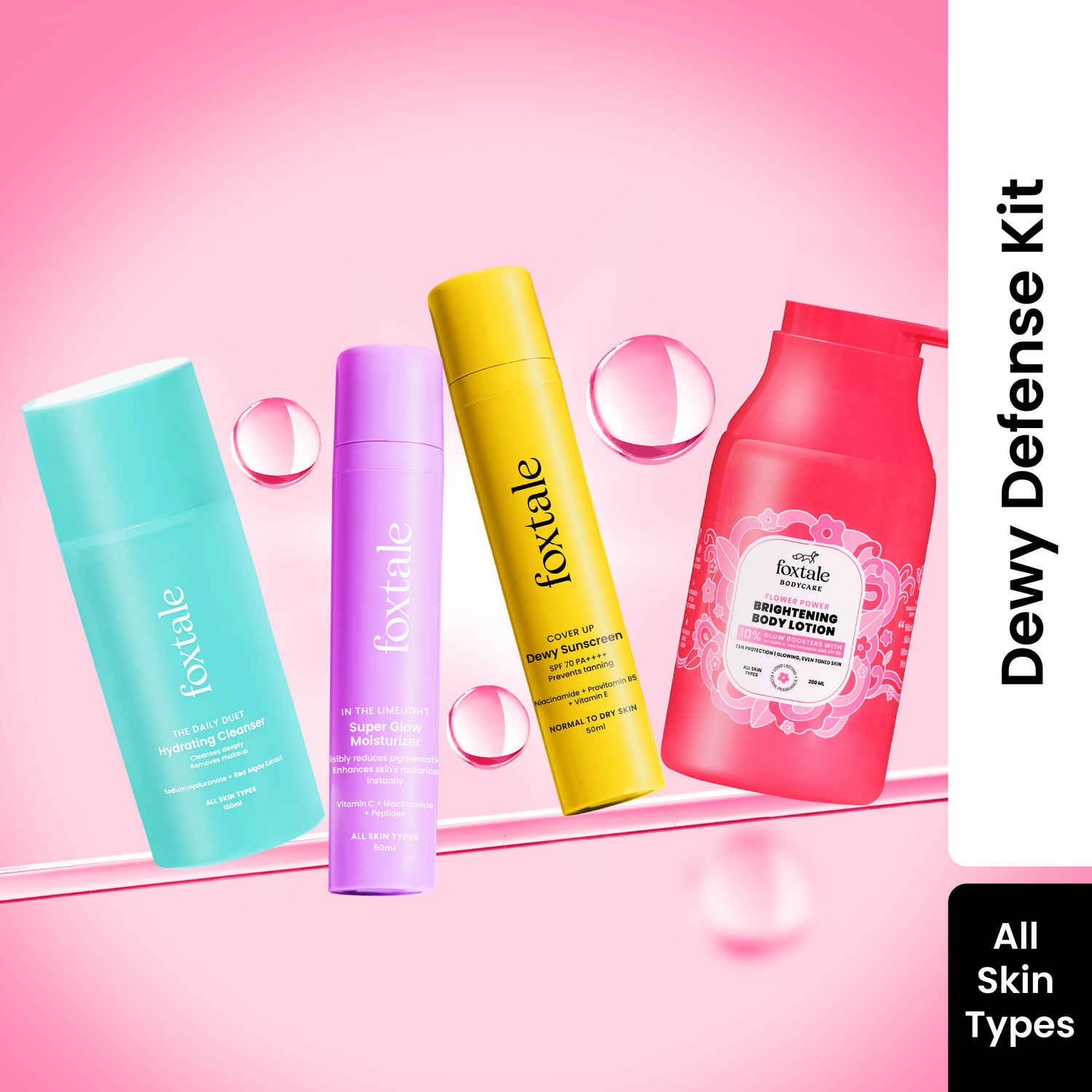 Buy Foxtale Dewy Defense Kit | Sunscreen, Moisturizer, Face Wash & Body Lotion Combo of 4 - Purplle