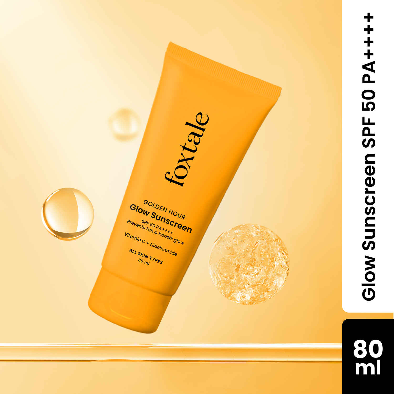 Buy Foxtale SPF 50 Vitamin C & Niacinamide Glow Sunscreen with PA++++ | Lightweight, Fast Absorbing | UVA & UVB Filters | Prevents Tanning, No White Cast | Non-Greasy | For Men & Women, All Skin Types - 80 ml - Purplle