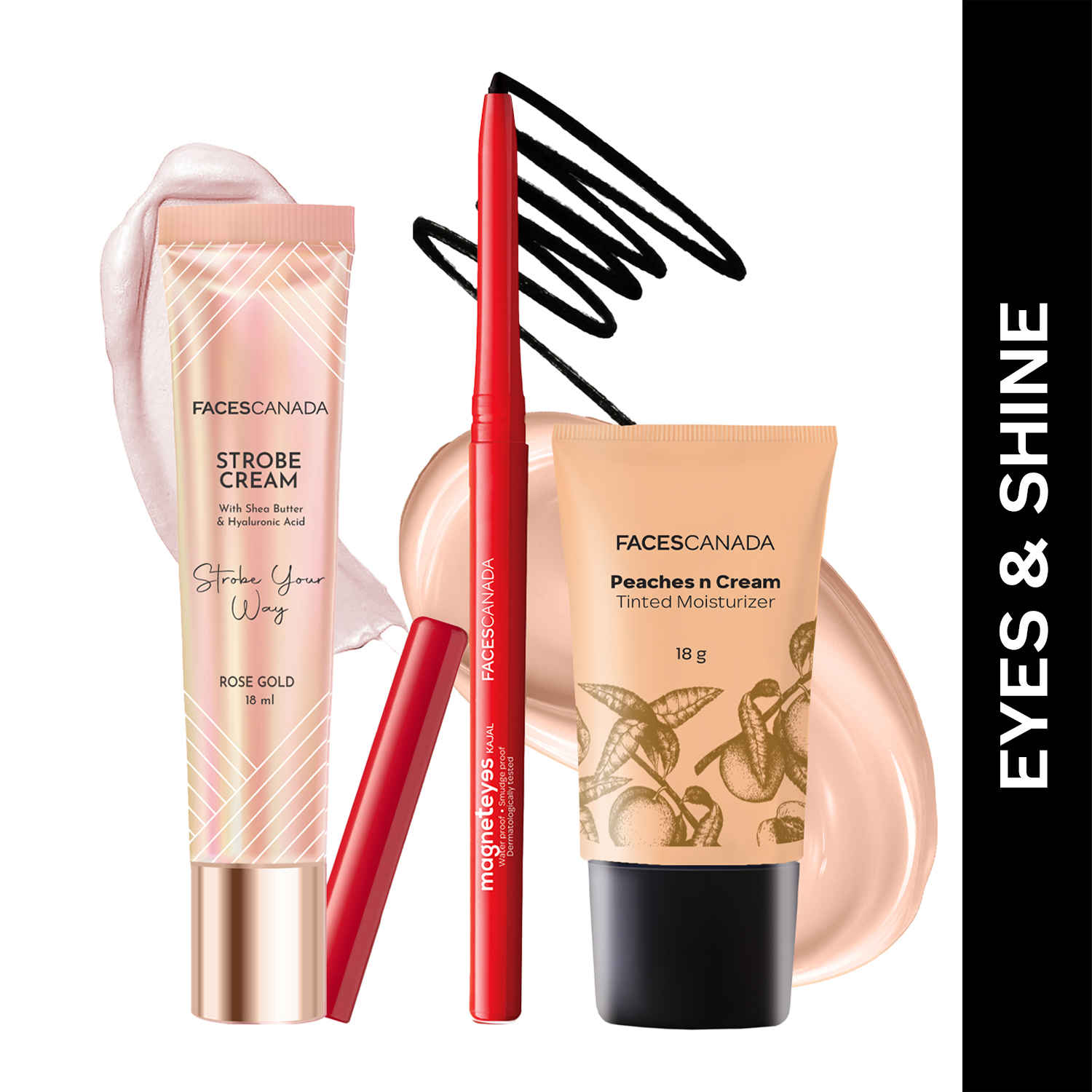 Buy FACES CANADA Eyes & Shine Combo - Strobe Cream - Rose Gold (18 ml) + Magneteyes Kajal - Black (0.35 gm) + Tinted Moisturizer - Light 01 (18 gm) | Illuminating & Glowing Makeup Base | Lightly Tinted BB Cream | Waterproof & Smudgeproof - Purplle