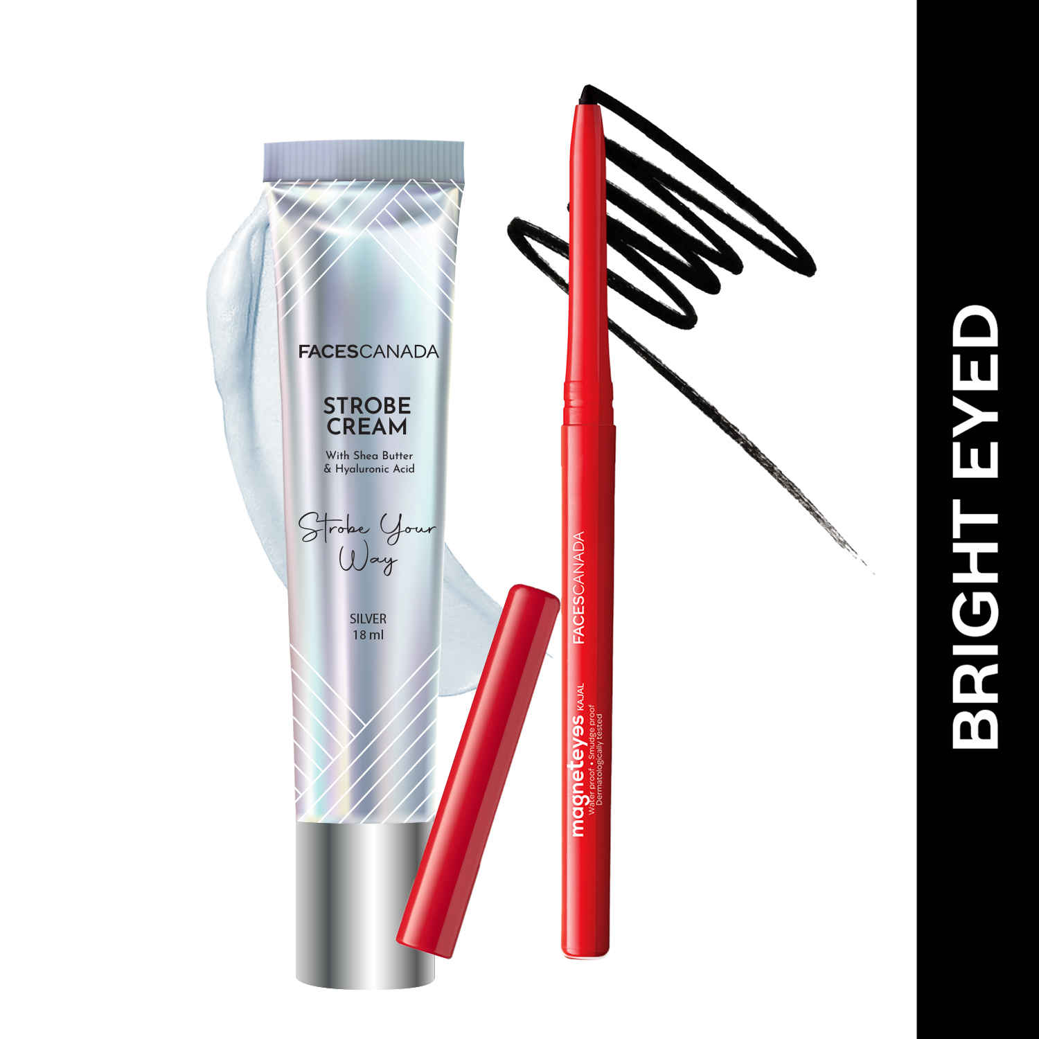 Buy FACES CANADA Bright Eyed Combo - Strobe Cream - Silver (18 ml) + Magneteyes Kajal - Black (0.35 gm) | Illuminating & Glowing Makeup Base | Waterproof & Smudgeproof - Purplle