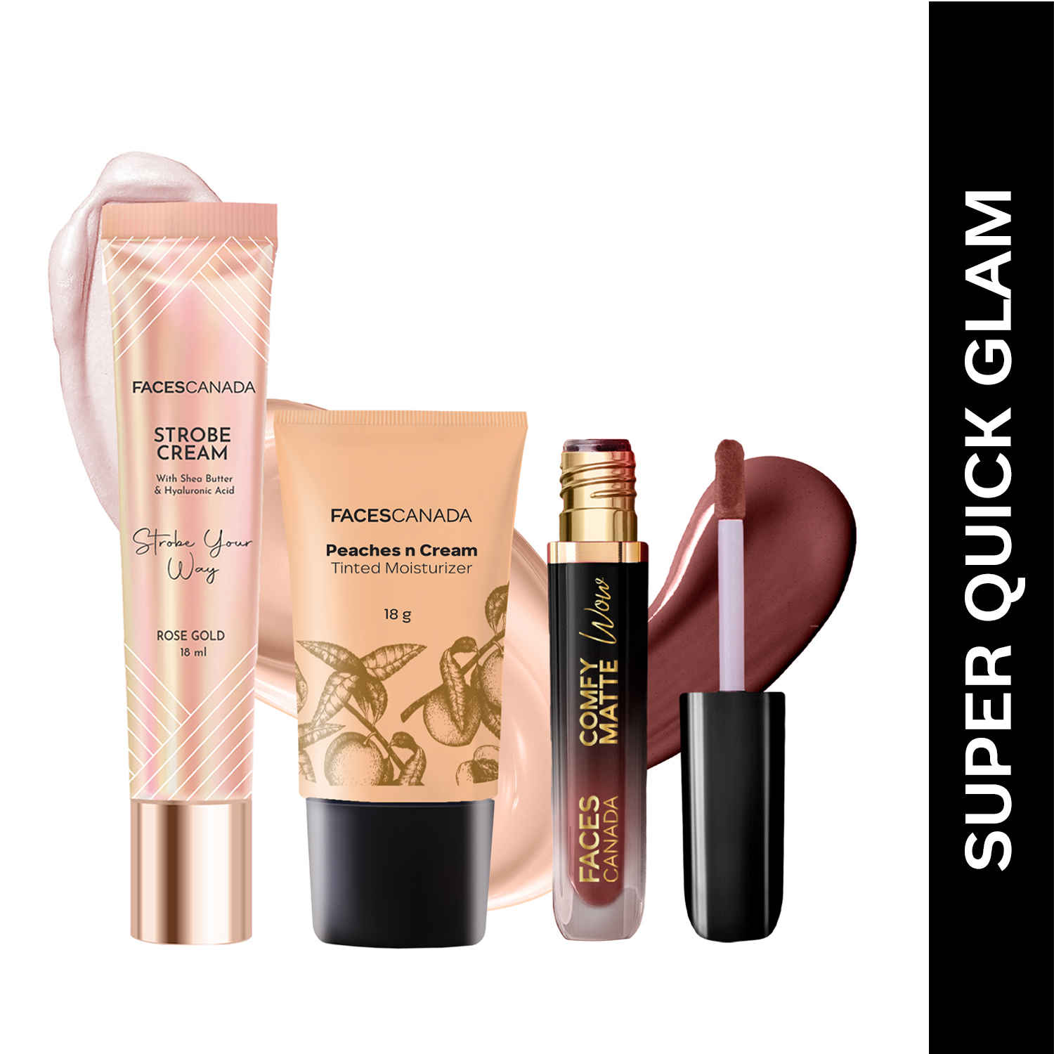 Buy FACES CANADA Super Quick Glam Combo - Strobe Cream - Rose Gold (18 ml) + Tinted Moisturizer - Light 01 (18 gm) + Comfy Matte Wow Liquid Lipstick - Cocoa Crush 07 (3.8 ml) | Illuminating & Glowing Makeup Base | Highly Pigmented - Purplle