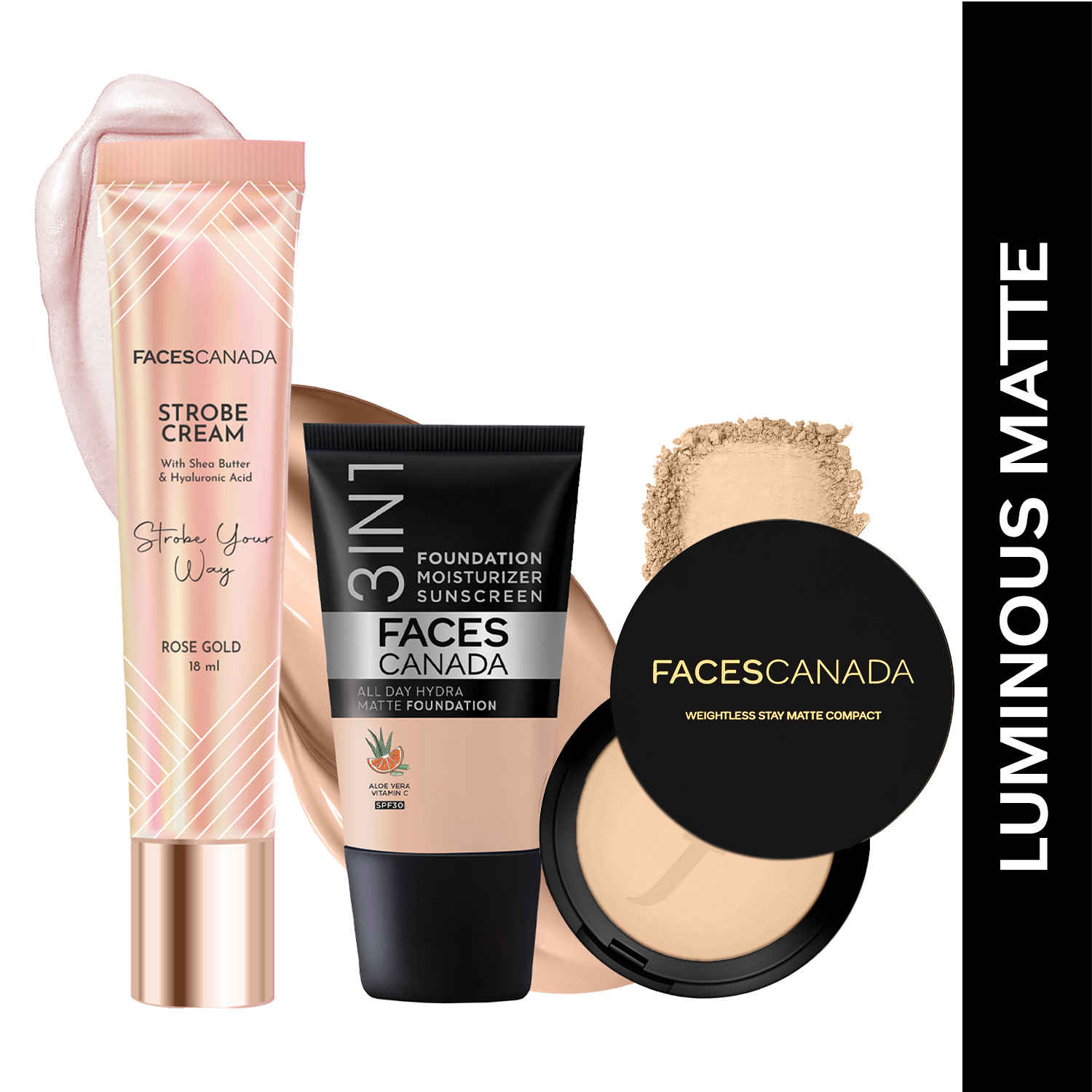 Buy FACES CANADA Luminous Matte Combo - Strobe Cream - Rose Gold (18 ml) + Weightless Stay Matte Compact Powder - Natural 02 (9 gm) + Hydra Matte Foundation - Rose Ivory 011 (18 ml) | Illuminating & Glowing Makeup Base | 10HR Long Wear - Purplle
