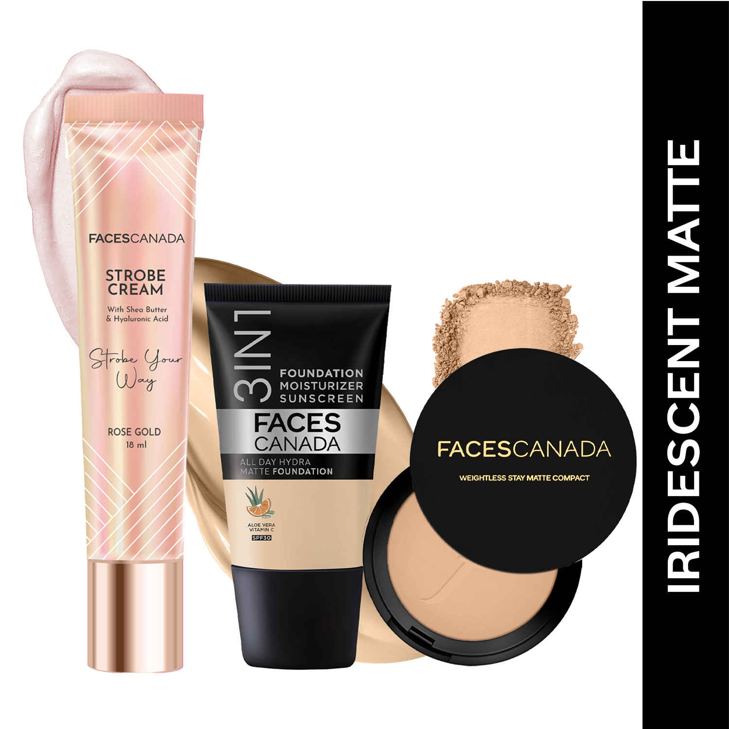 Buy FACES CANADA Iridescent Matte Combo - Strobe Cream - Rose Gold (18 ml) + Weightless Stay Matte Compact Powder - Beige 03 (9 gm) + Hydra Matte Foundation - Absolute Ivory 012 (18 ml) | Illuminating & Glowing Makeup Base | 10HR Long Wear - Purplle