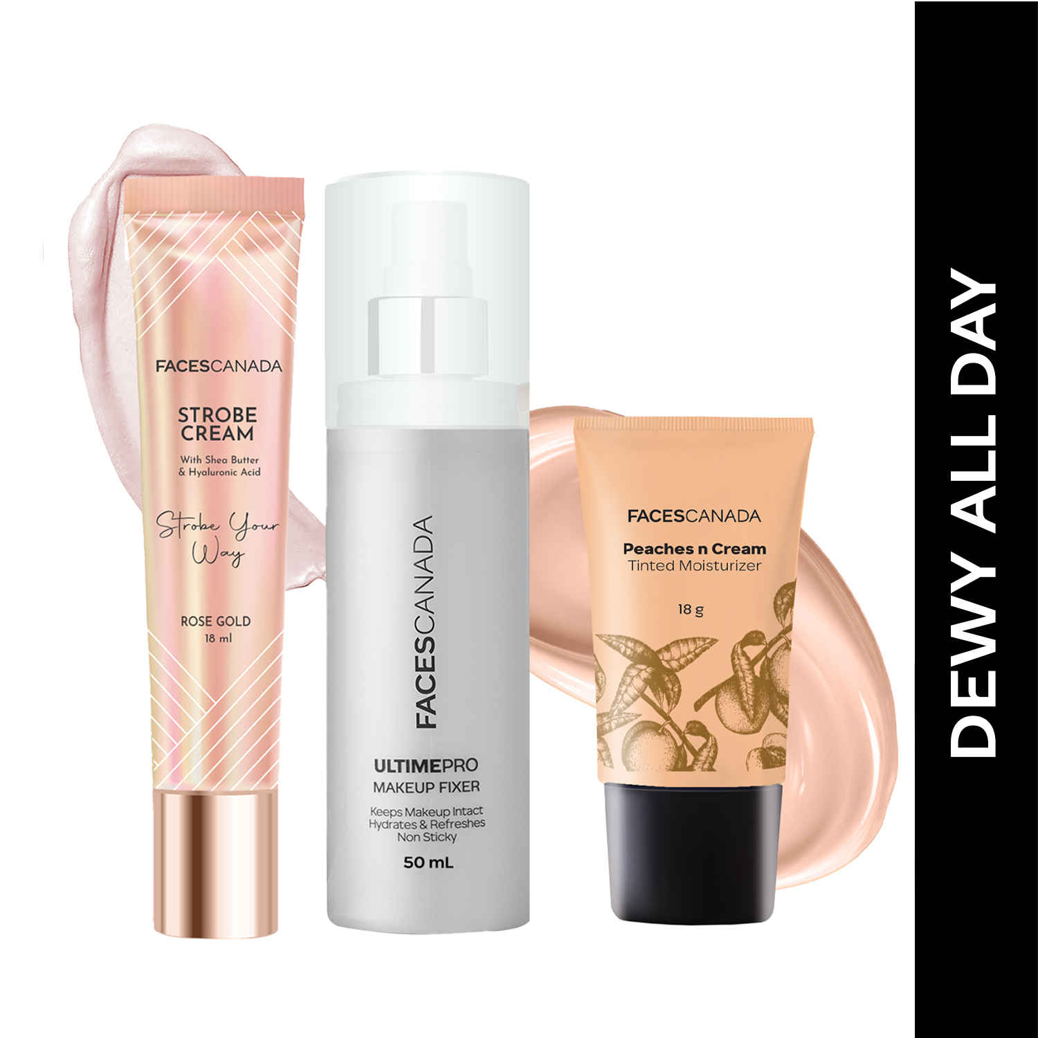 Buy FACES CANADA Dewy All Day Combo - Strobe Cream - Rose Gold (18 ml) + Tinted Moisturizer - Light 01 (18 gm) + Ultime Pro Makeup Fixer (50 ml) |Illuminating & Glowing Makeup Base | Long Lasting Makeup Setting Spray | Tinted BB Cream - Purplle
