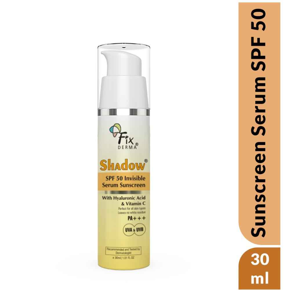 Buy Fixderma Shadow Invisible Serum Sunscreen SPF 50+ PA+++ | Ultra Lightweight Transparent Sunscreen with Vitamin C & Hyaluronic Acid | No White Cast | For All Skin Types | For Men & Women | Airless Pump 30 ml - Purplle