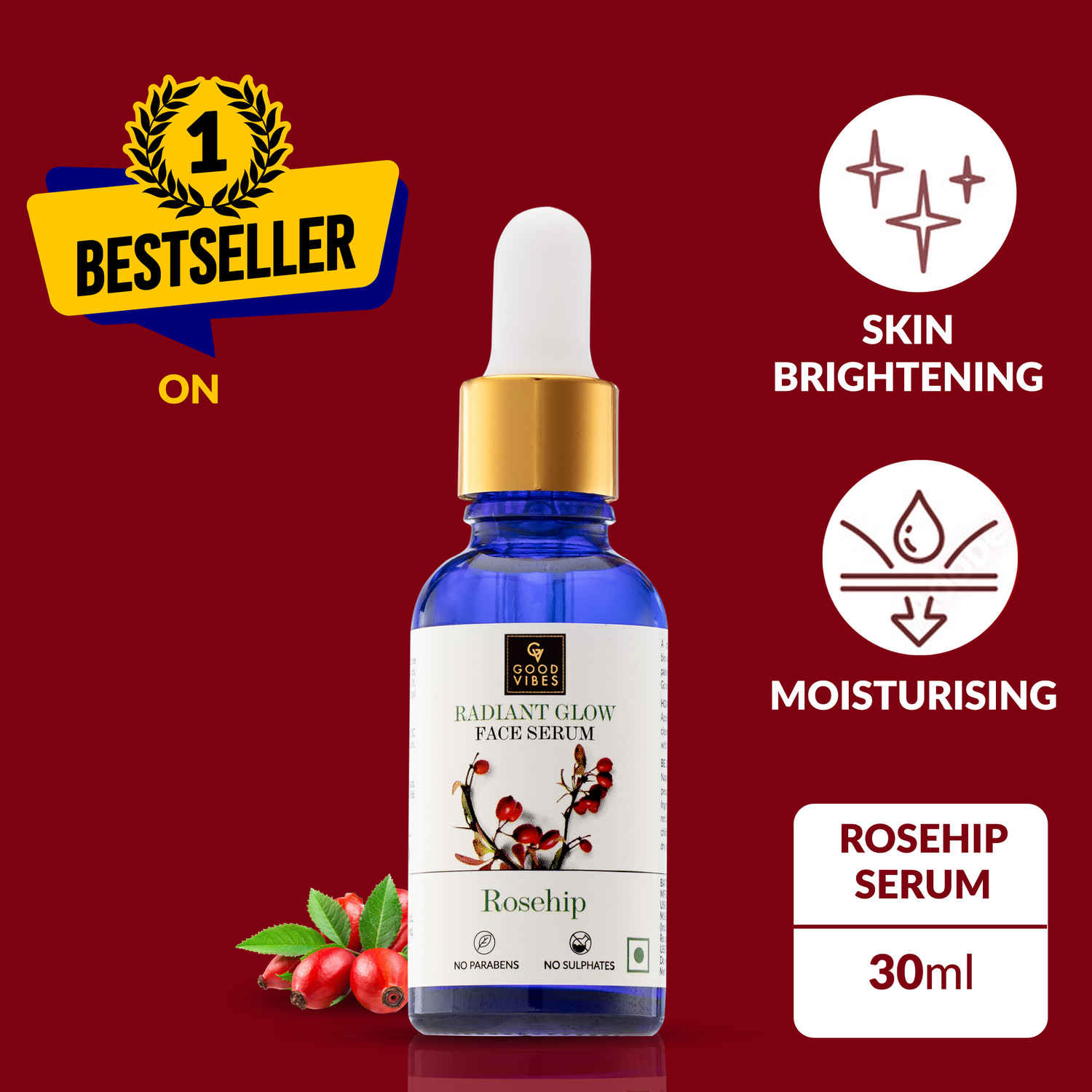 Buy Good Vibes Rosehip Radiant Glow Face Serum | Light, Non-Sticky, Brightening | With Vitamin E | No Parabens, No Sulphates, No Animal Testing (30 ml) - Purplle