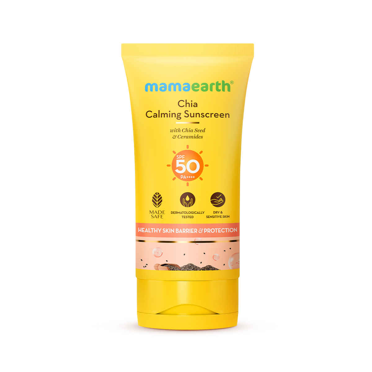 Buy Mamaearth Chia Calming Sunscreen with Chia Seed & Ceramides for Healthy Skin Barrier & Sun Protection 50 gm | SPF 50 PA++++ |hydrated glow| For Dry &Sensitive Skin | UVA/ B Protection | No White Cast | In-Vivo Tested - Purplle