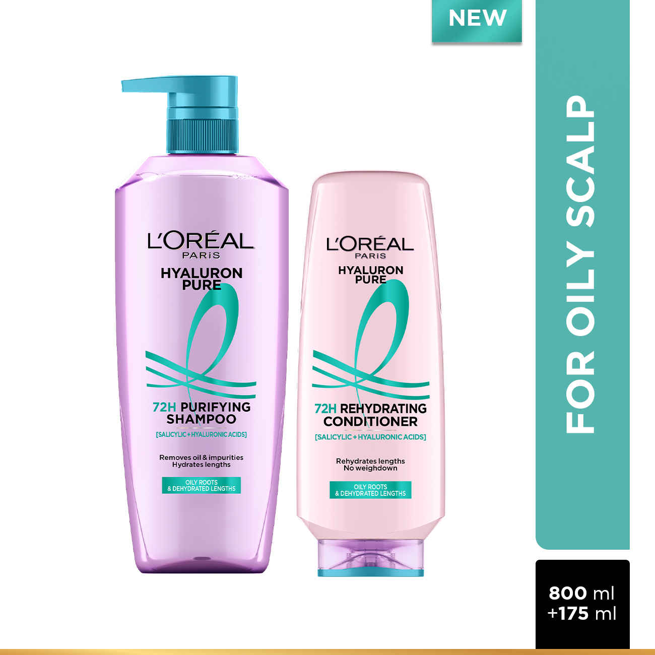 Buy L’Oreal Paris Hyaluron Pure 72H purifying shampoo for fresh scalp & hydrated hair, (800 ml) + Conditioner for smooth tangle-free hair, (175 ml) - Purplle