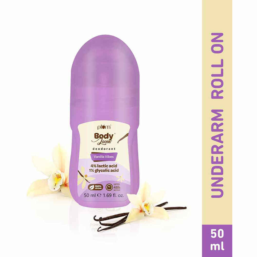 Buy Plum BodyLovin' Vanilla Vibes Deodorant Roll On | 4% Lactic Acid & 1% Glycolic Acid | Controls Odor & Fades Underarm Darkness | 48 Hr Freshness| Warm Vanilla Fragrance | Aluminium-Free (50 ml) - Purplle