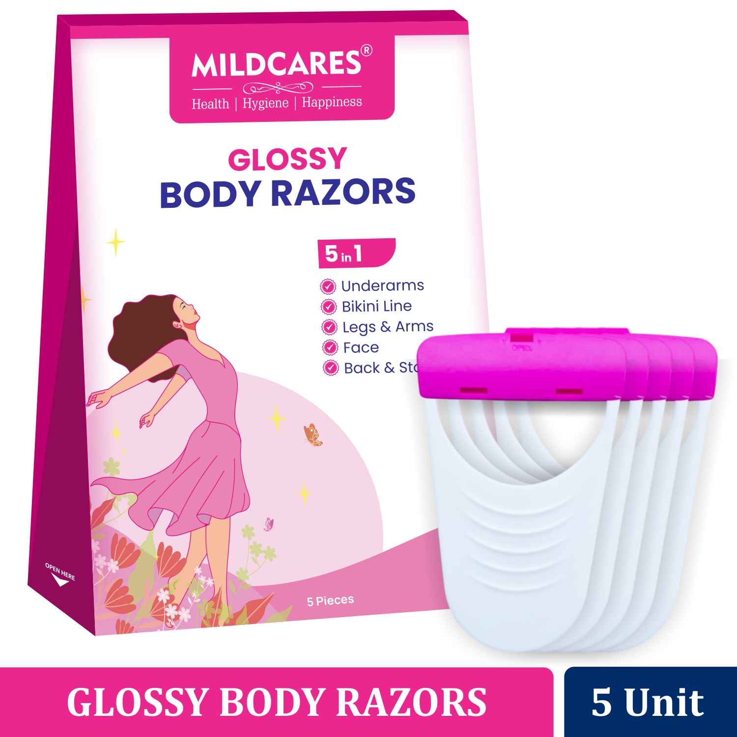 Buy Mildcares Glossy Body Razor For Women | Painless & Easy Hair Removal | No Cut & Irritation | For Legs & Arms, Bikini, Underarms ,Face,Back & Stomach| Anti Slip Grips | Safe, Comfortable & Travel Essentials 5 Pieces - Purplle