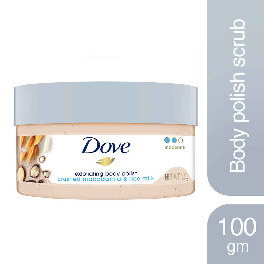Buy Dove Exfoliating Body Polish, Body Scrub, Deeply Nourishing Crushed Macadamia and Rice Milk, Moisturises & Brightens Skin, Sulphate Free (100 gm) - Purplle
