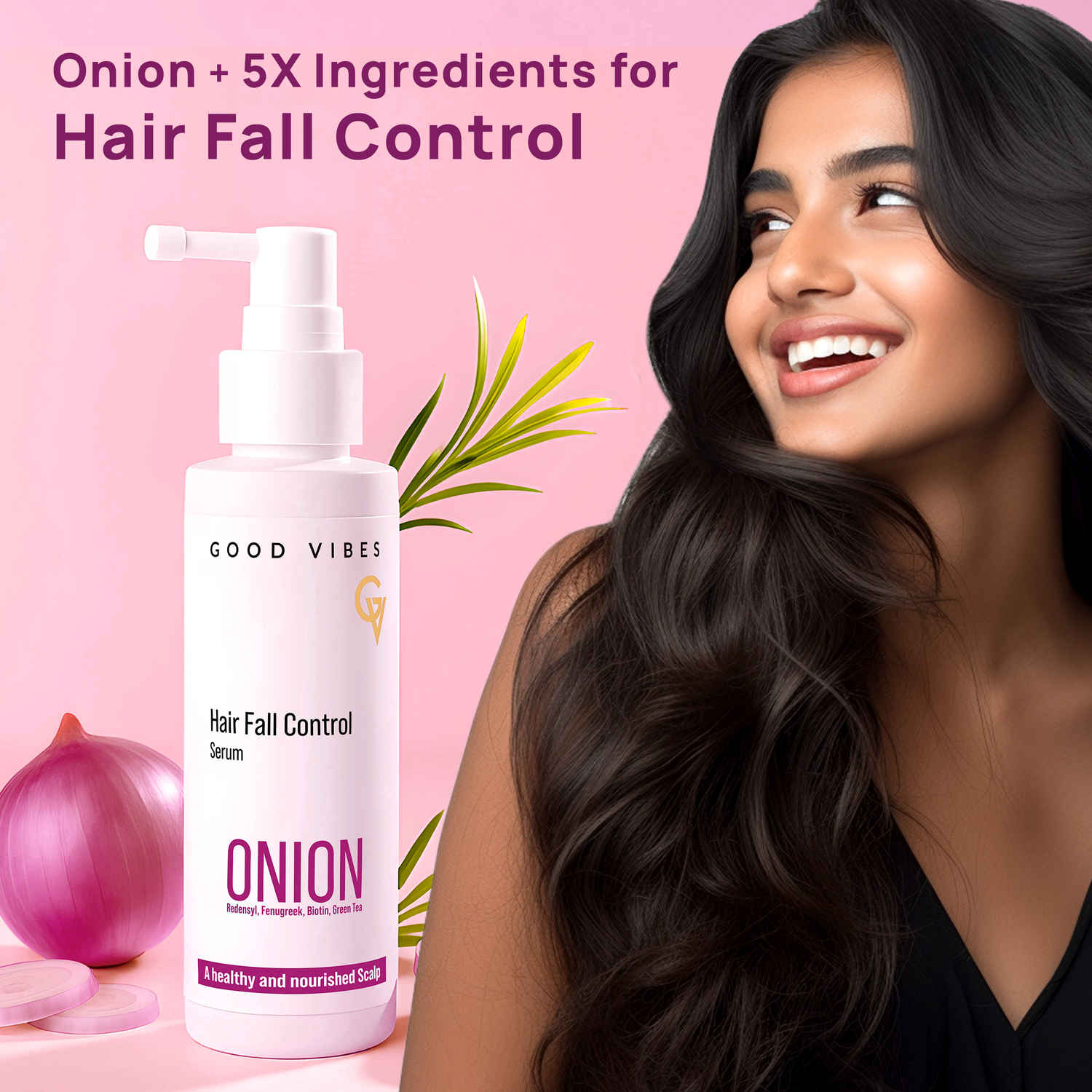 Buy Good Vibes Onion Hair Fall Control Serum with 5X Actives | Onion, 0.5% Redensyl, Biotin, Fenugreek & Green Tea| Lightweight & Non-Sticky | Strengthens Roots | Promotes Hair Growth | Visible Growth in 3 Months | Best Results with Daily - 50 ml - Purplle