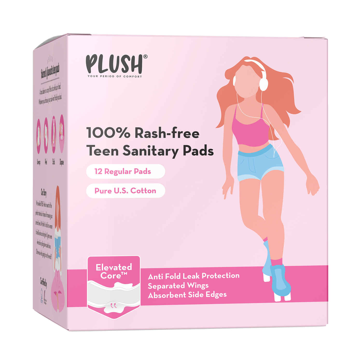 Buy Plush Ultra-Thin Teen Sanitary Pads for Teenage Girls, 12 Pads | Elevated Core™ Technology | Anti-Fold Leak Protection | 240mm Long | 100% Rash-Free | Pure U.S. Cotton Pads | Ideal for All Flow Types - Purplle
