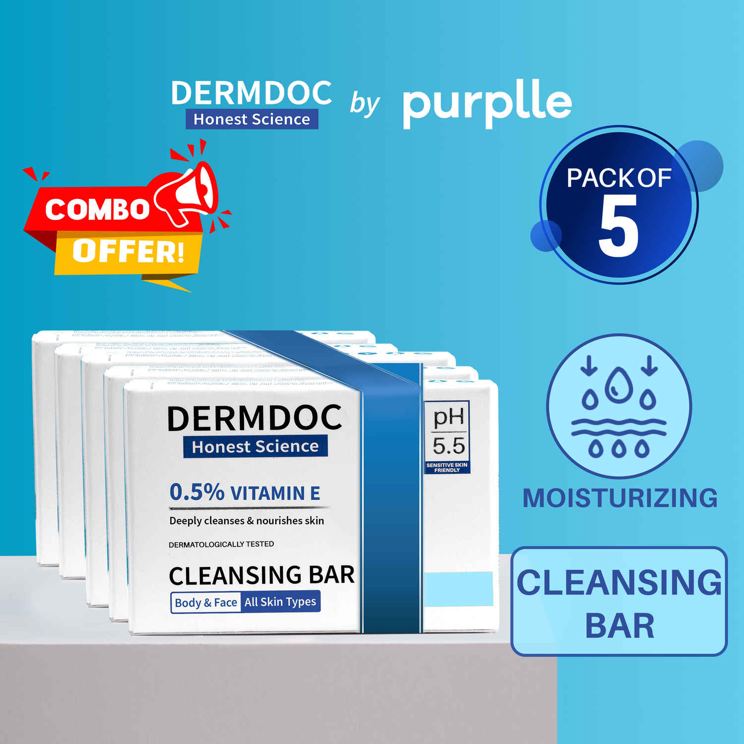 Buy DERMDOC 0.5% Vitamin E Cleansing Bar (75 gm) Pack of 5 | Soap Free & Alkali Free | Mild & Gentle Cleansing | Moisturising | pH 5.5 - Purplle