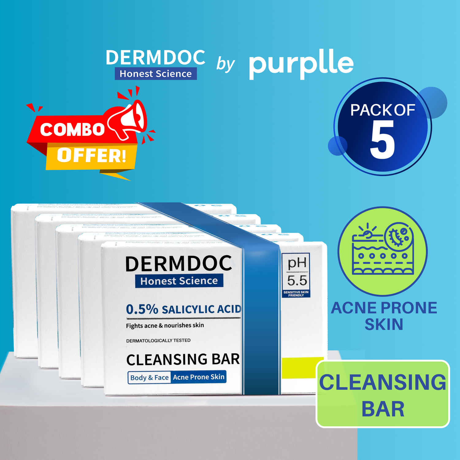 Buy DERMDOC 0.5% Salicylic Acid Cleansing Bar (75 gm) Pack of 5 | Oil Control | Controls Body Acne & Pimples | Gentle Formula - Purplle