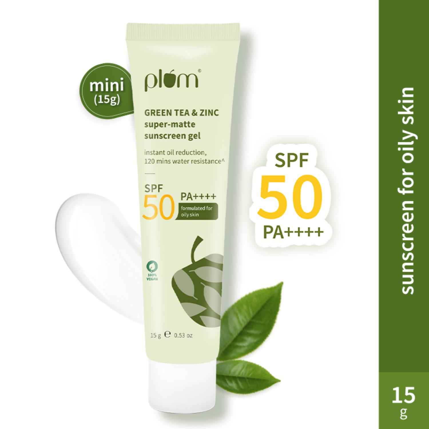Buy Plum Green Tea & Zinc Super-Matte Sunscreen Gel | SPF 50 PA ++++, Formulated For Oily Skin | Protects & Controls Oil | Lightweight Gel Texture | No White Cast & Non-sticky | With Hybrid Filters |Fragrance-Free | 100% Vegan | 15 gm - Purplle