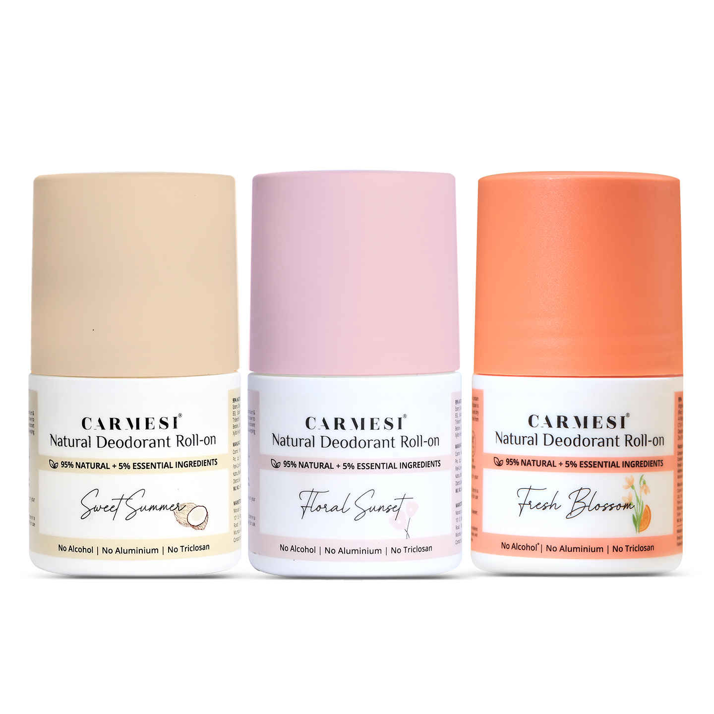 Buy Carmesi Natural Underarm Roll On Deodorant Combo For Women | 95% Natural + 5% Essential Ingredients | Fresh Underarms | No Alcohol & Aluminium | Sweet Summer, Floral Sunset, Fresh Blossom (3 x 50 ml) - Purplle
