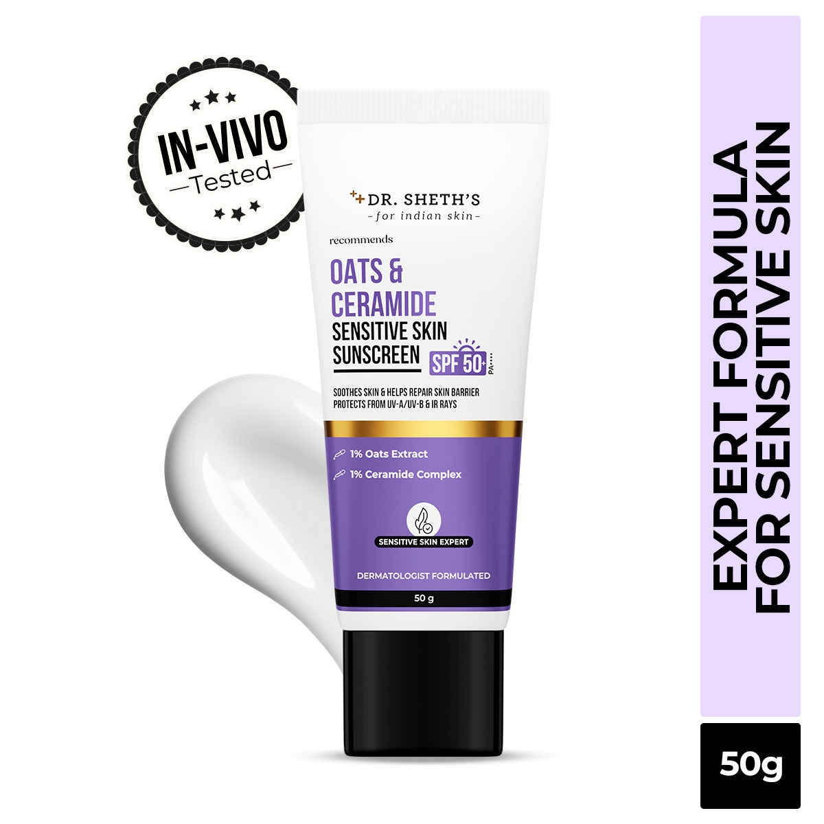 Buy Dr. Sheth's Oat & Ceramide Sunscreen | SPF 50+ PA++++| Oil-Free Sunscreen For Sensitive Skin| Lightweight & No White Cast| Strengthens Skin Barrier|Sun Protection From UVA/B/IR Rays | Men & Women | 50 gm - Purplle