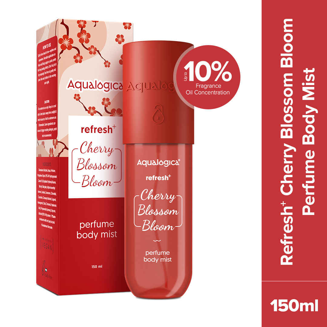 Buy Aqualogica Refresh+ Cherry Blossom Bloom Perfume Body Mist with Zemea and Hyaluronic Acid 150 ml | Long Lasting Fragrance Floral & Sweet Fragrance I Up To 10% Fragrance Oil Concentration | Hydrating & Non-Irritating I Skin Friendly - Purplle