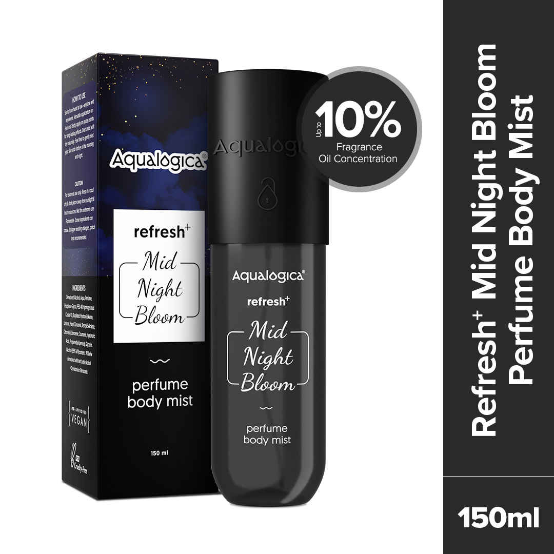 Buy Aqualogica Refresh+ Mid Night Bloom Perfume Body Mist - 150 ml Dark & Sensual Notes of Raspberry & Amber | Long- Lasting Fragrance | Up To 10% Fragrance Oil Concentration | Non-Irritating & Hydrating | Infused with Zemea & Hyaluronic Acid - Purplle
