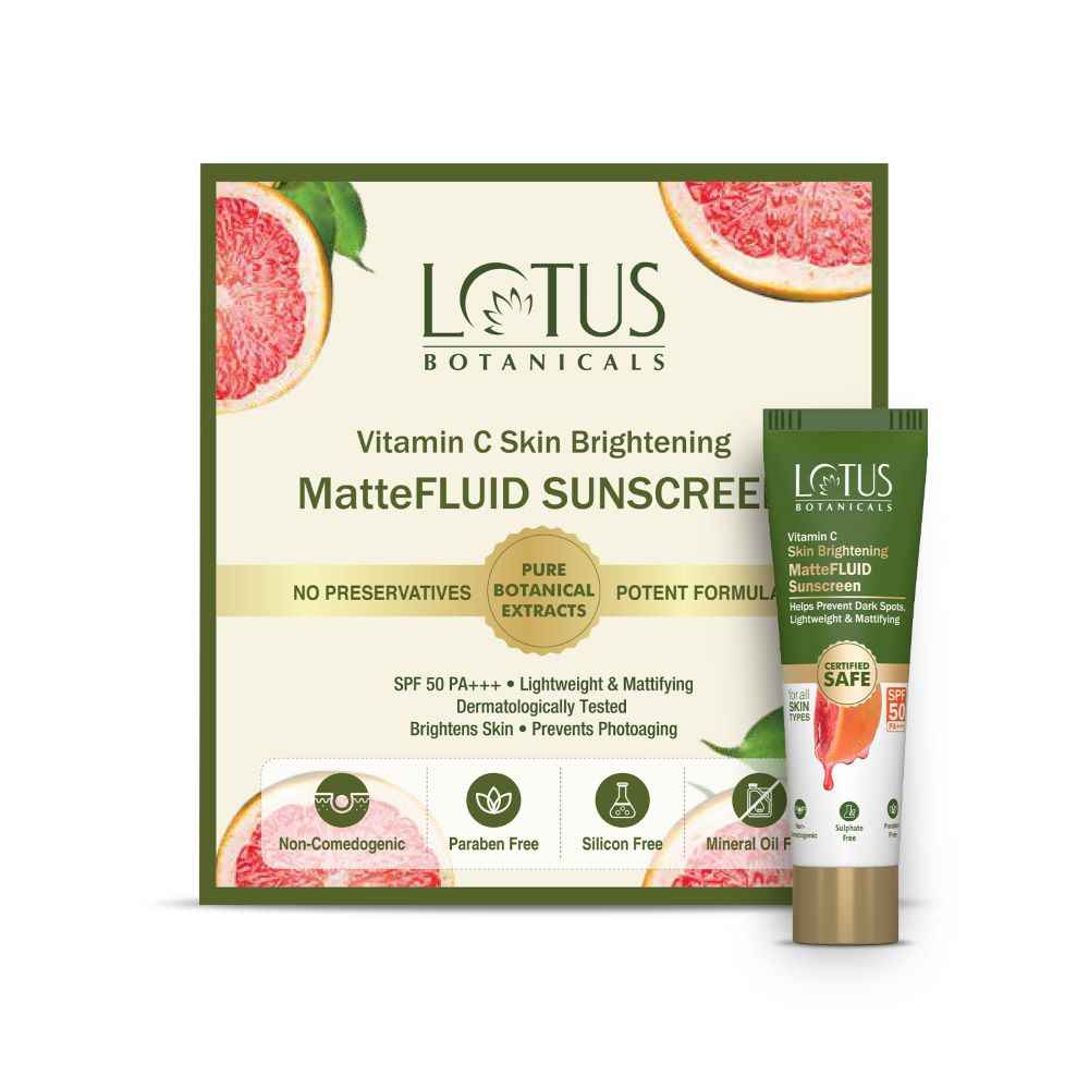 Buy Lotus Botanicals Vitamin C Skin Brightening MatteFLUID Sunscreen | SPF 50 Pa+++ | 100X Vitamin C | UVA/UVB Sun Protection | Brightens Skin | No White Cast | Water Resistant | All Skin Types | For Men & Women 5 gm - Purplle