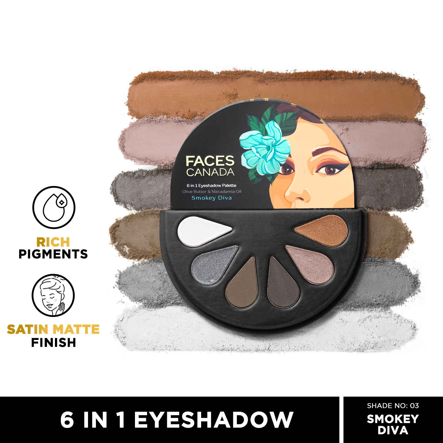 Buy FACES CANADA 6 in 1 Eyeshadow Palette - Smokey Diva 03 6 gm | Olive Butter & Macadamia Oil | Vibrant Colors | Highly Pigmented | Easily Blendable | Silky Satin Texture | No Crease | Cruelty-Free - Purplle