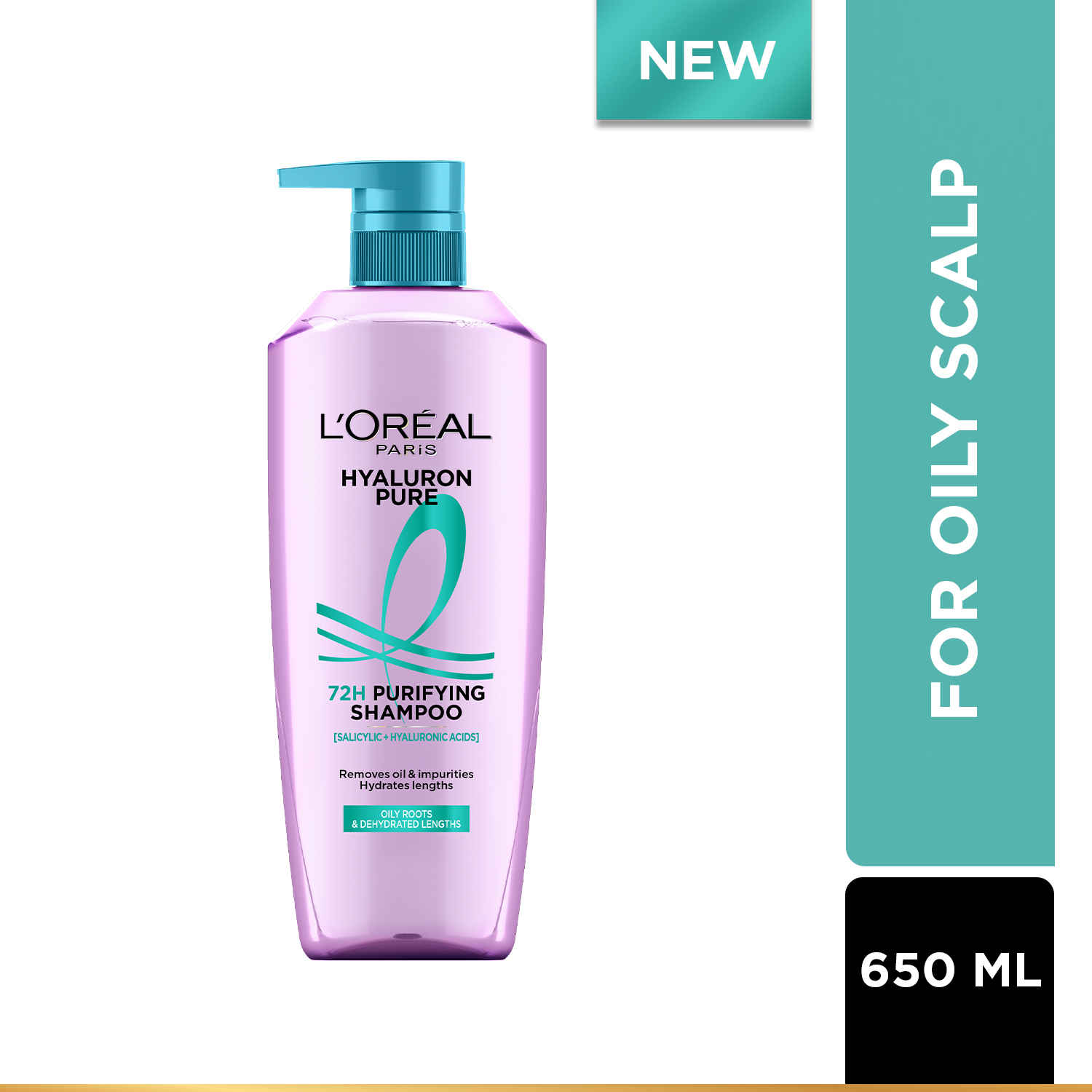 Buy L'Oreal Paris Hyaluron Pure 72H purifying shampoo for fresh scalp & hydrated hair, removes oil & impurities | 650 ml - Purplle