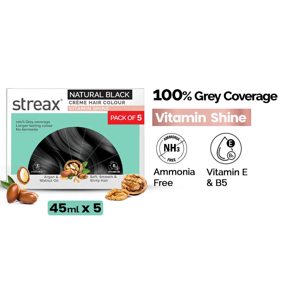 Buy Streax Creme Permanent Hair Colour - 1 Natural Black Hair Colour- 45 gm (Pack of 5) - Purplle