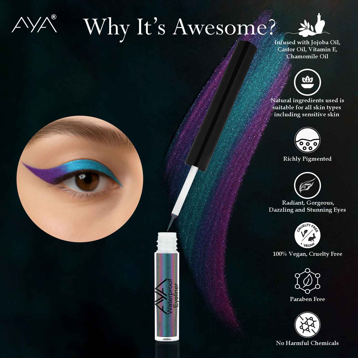 Buy AYA Waterproof Holographic Eyeliner, Mermaid, 1.6 ml | Shimmery Finish| Monochrome Effect | Jojoba Oil, Castor Oil, Vitamin E, Chamomile Oil - Purplle